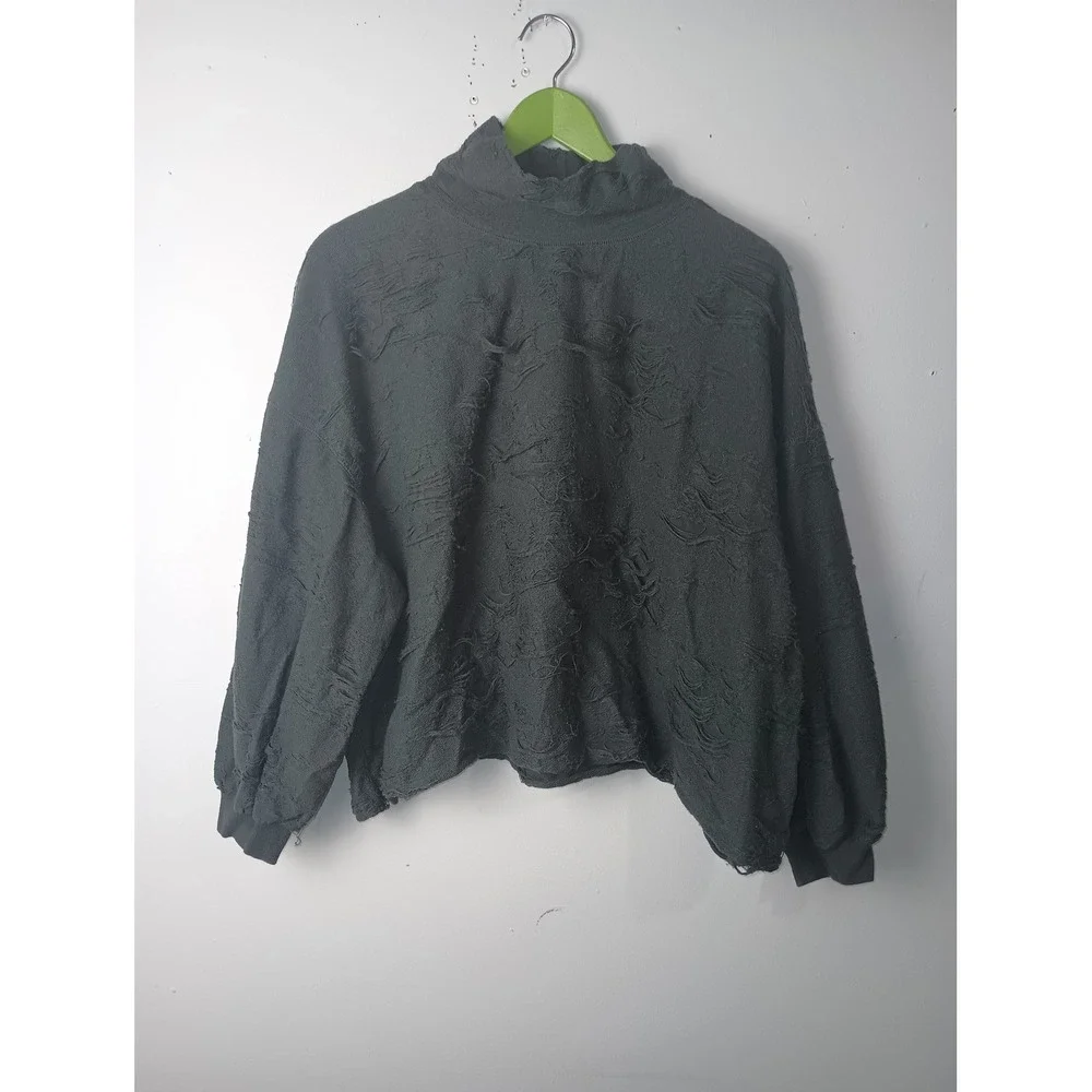 Free People Found My Friend Mock Neck Distressed Sweatshirt Charcoal Grey Small